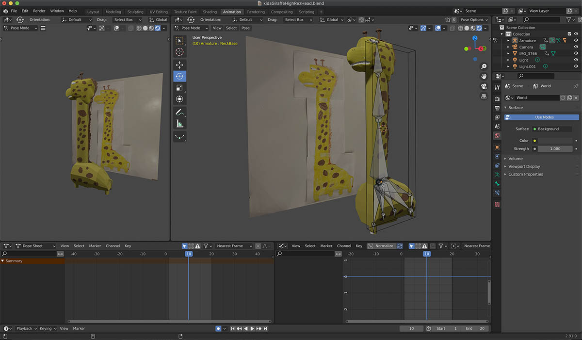 3D modeling and animation of cartoon giraffe in Blender.